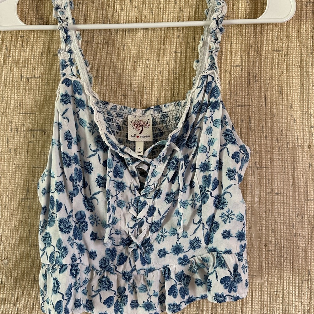 Self Esteem Blue Ruffled Tie Front Smocked Tank Top